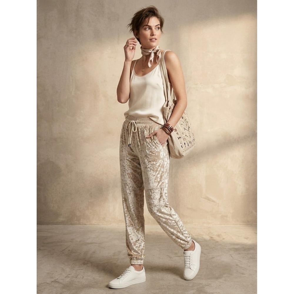 Heroine Sport Crushed Velvet Joggers Champagne Tan Metallic Sweatpants Medium
